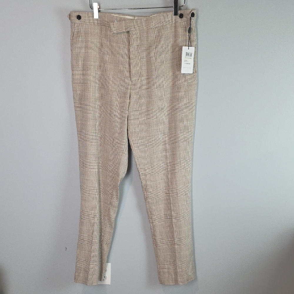 Reiss Linen Beige Cream Plaid Dress Pants 36x32